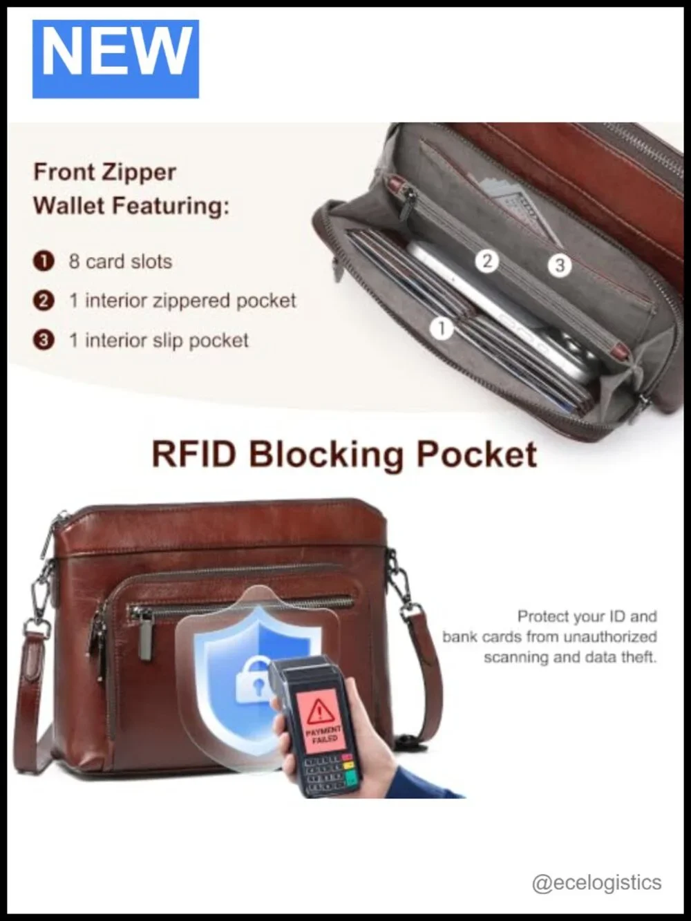 Genuine Leather Crossbody Bag RFID Blocking Pockets Adjustable Straps